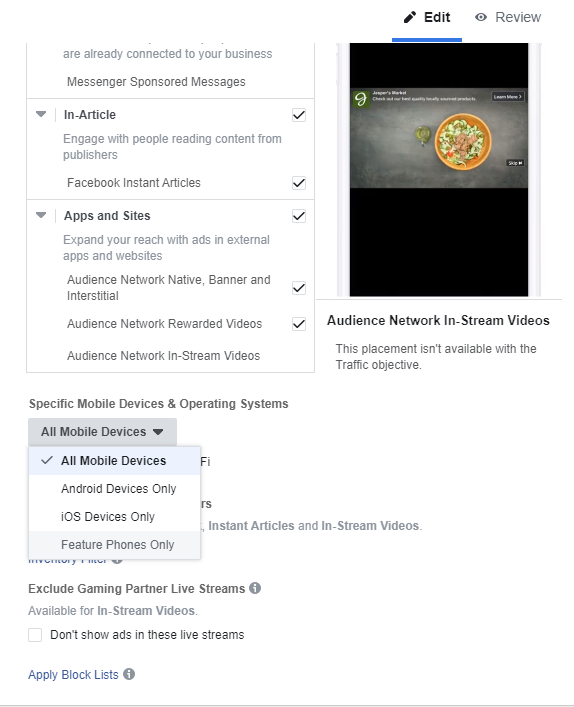 facebook ads manager mobile device and operating system targeting