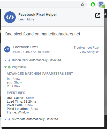 facebook pixel helper extension for chrome firing correctly